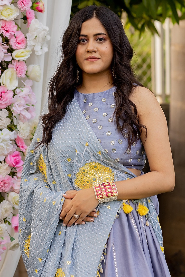 Soft Sky Grey Embroidered Wedding Lehenga Set by Anjana Bohra at Pernia's Pop Up Shop