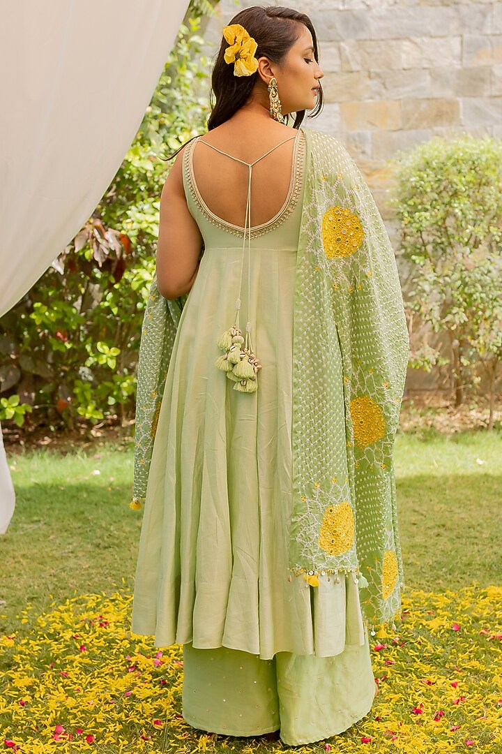 Pista Green Embroidered Wedding Anarkali Set by Anjana Bohra at Pernia's Pop Up Shop