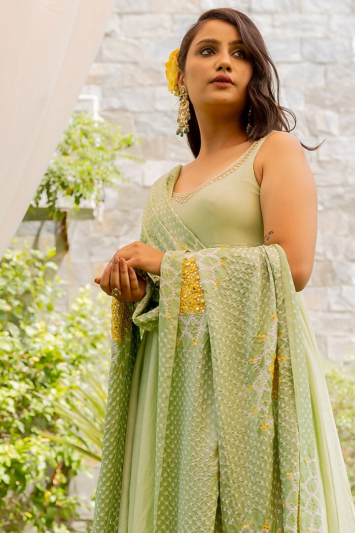 Pista Green Embroidered Wedding Anarkali Set by Anjana Bohra at Pernia's Pop Up Shop