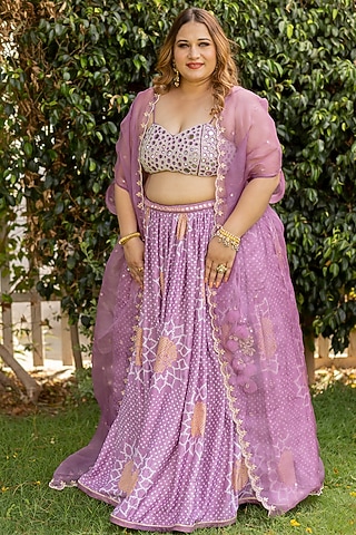 Onion Pink Embroidered Lehenga Set With Cape by Anjana Bohra