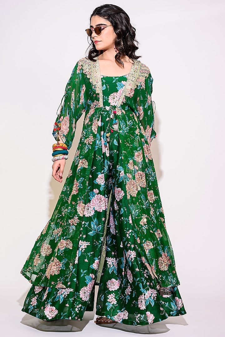 Green Chanderi Floral Printed Jumpsuit With Shrug by Aangan by Parul