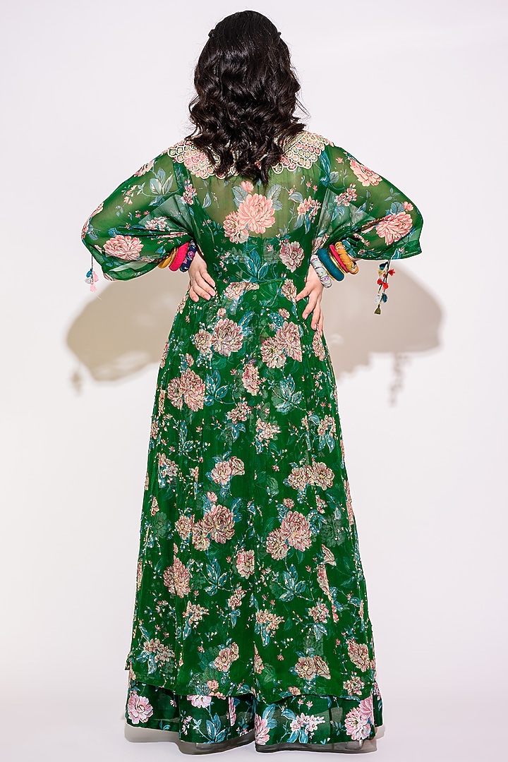 Green Chanderi Floral Printed Jumpsuit With Shrug by Aangan by Parul at Pernia's Pop Up Shop