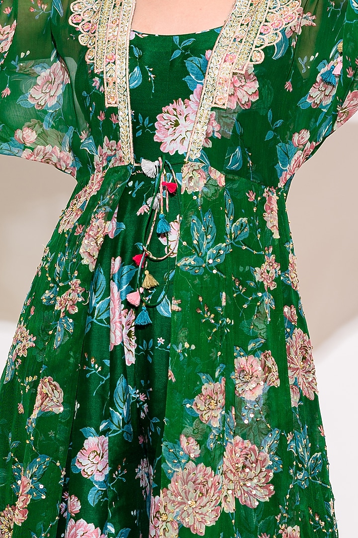 Green Chanderi Floral Printed Jumpsuit With Shrug by Aangan by Parul at Pernia's Pop Up Shop
