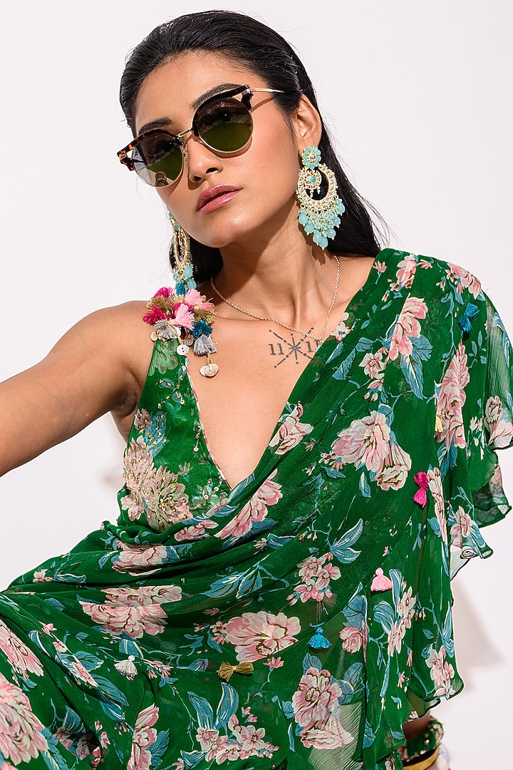Green Chiffon Floral Printed & Ruffled Pre-Draped Wedding Saree Set by Aangan by Parul at Pernia's Pop Up Shop