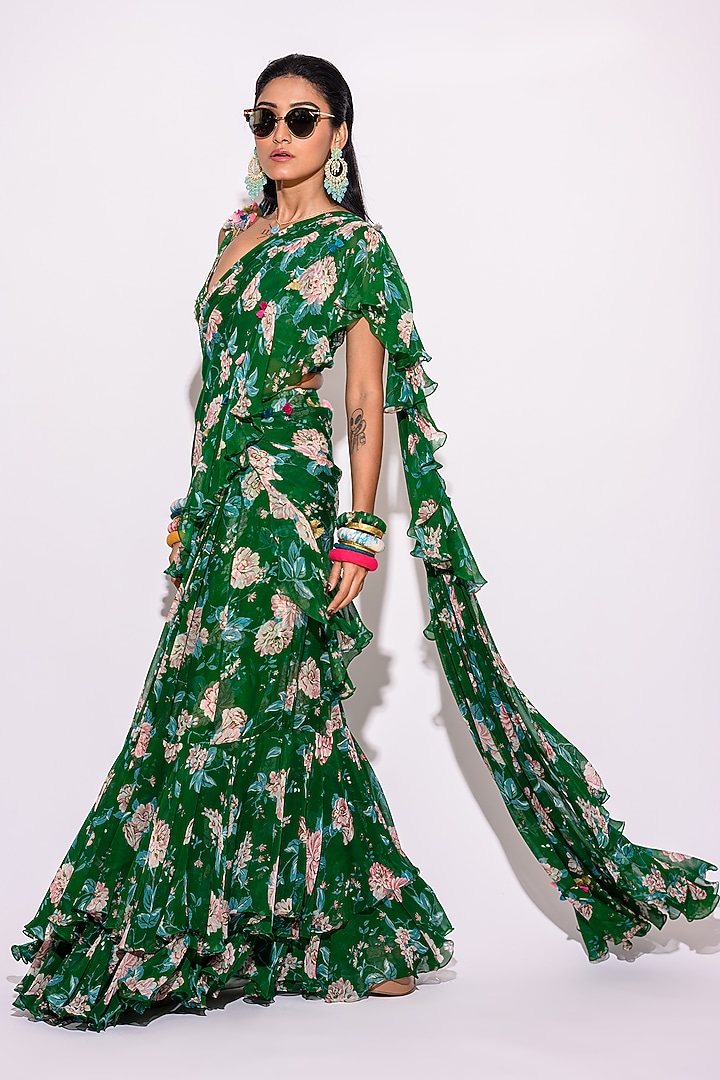 Green Chiffon Floral Printed & Ruffled Pre-Draped Wedding Saree Set by Aangan by Parul at Pernia's Pop Up Shop