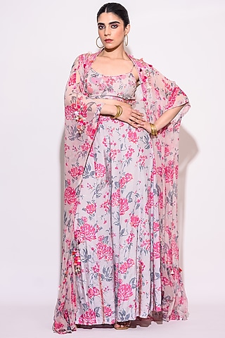 Grey Silk & Chiffon Shrug Set by Aangan by Parul
