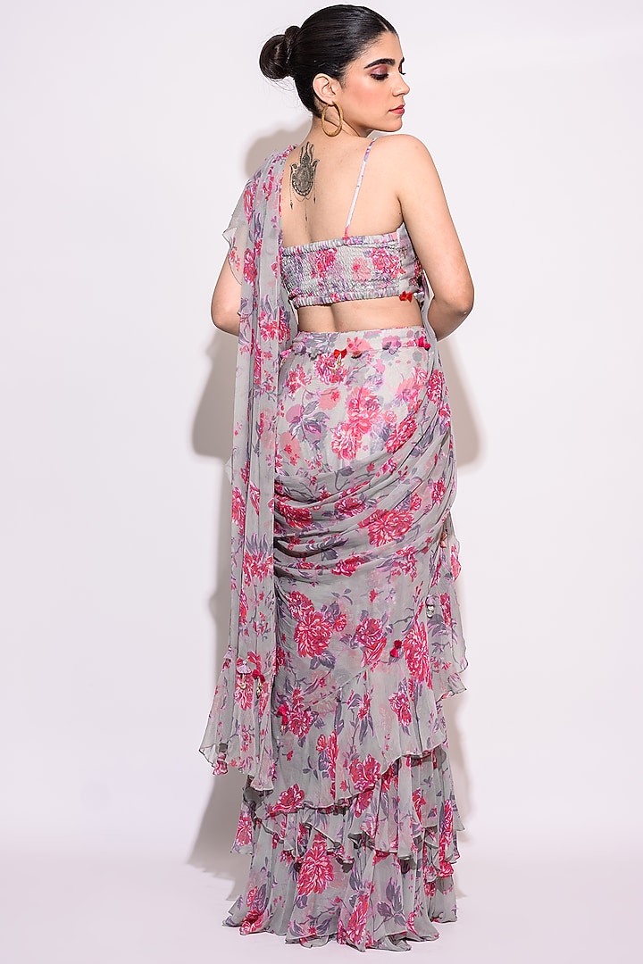 Grey Chiffon Floral Printed & Ruffled Pre-Draped Wedding Saree Set by Aangan by Parul at Pernia's Pop Up Shop