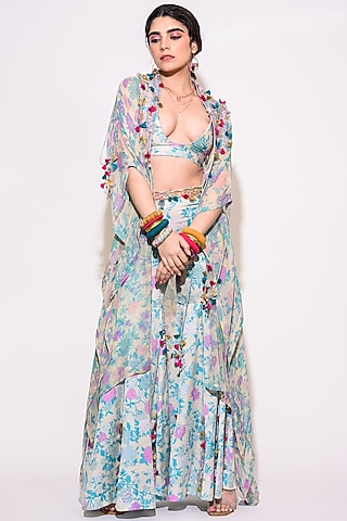 Light Blue Silk & Chiffon Kaftan Set by Aangan by Parul