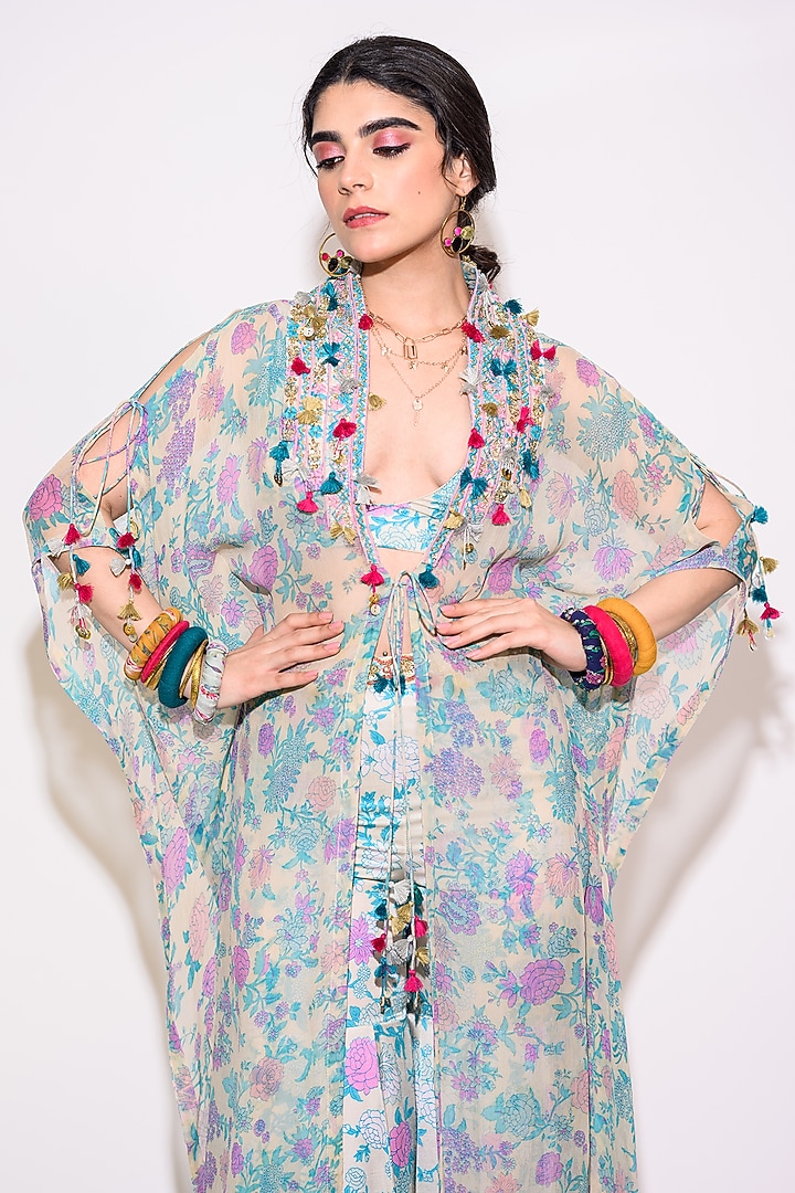 Light Blue Silk & Chiffon Kaftan Set by Aangan by Parul at Pernia's Pop Up Shop