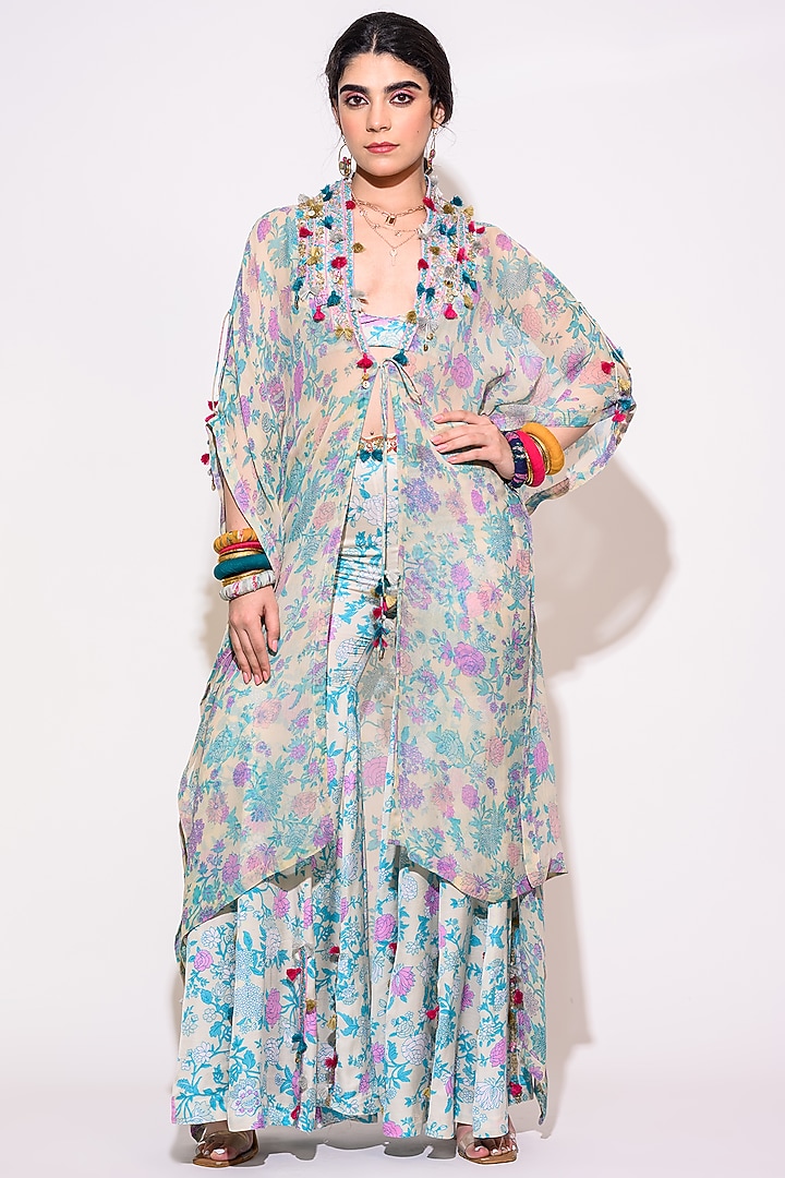 Light Blue Silk & Chiffon Kaftan Set by Aangan by Parul at Pernia's Pop Up Shop