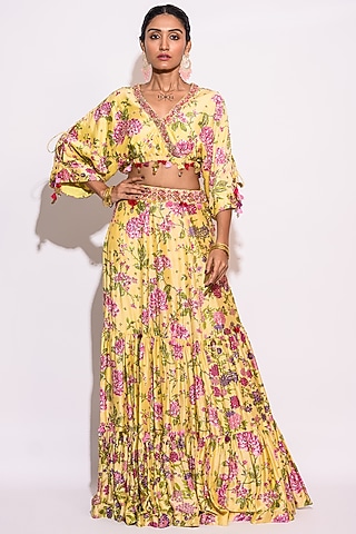 Yellow Silk Printed & Embroidered Skirt Set by Aangan by Parul