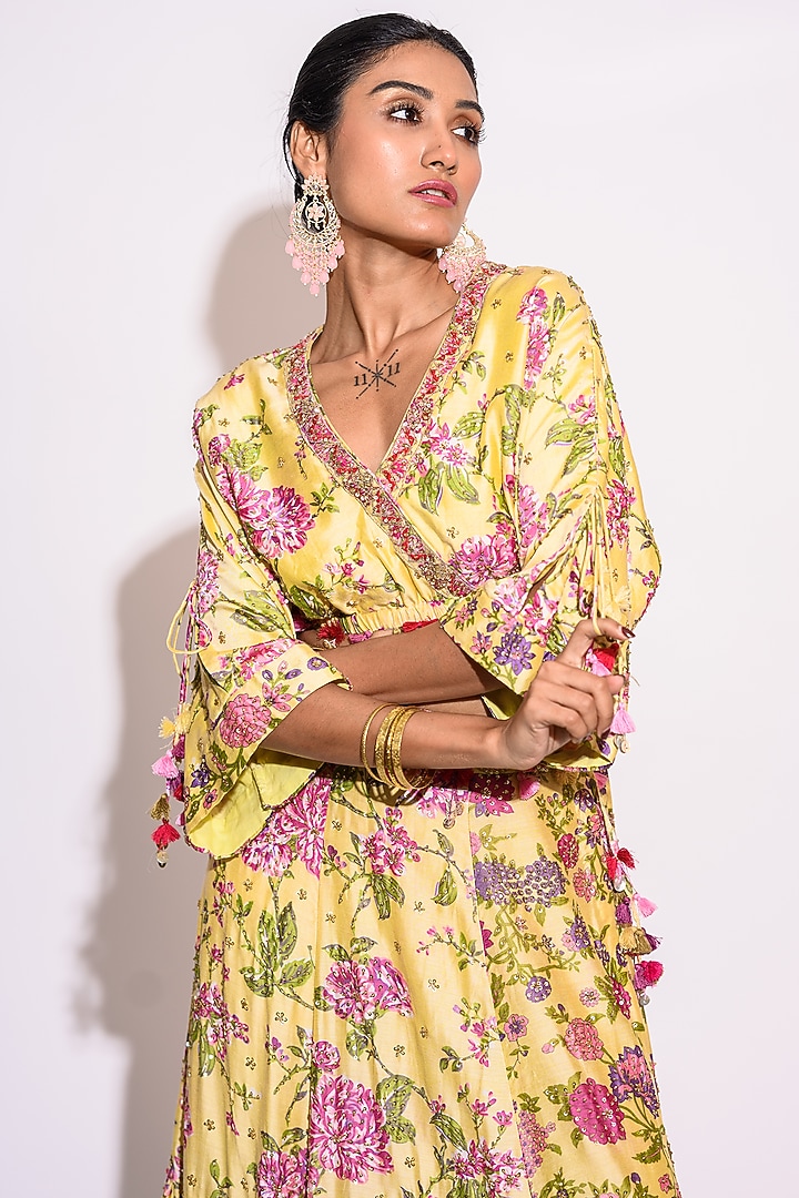 Yellow Silk Printed & Embroidered Skirt Set by Aangan by Parul at Pernia's Pop Up Shop