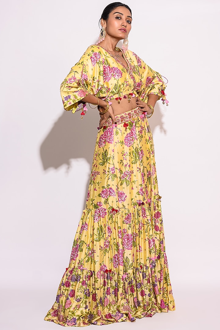 Yellow Silk Printed & Embroidered Skirt Set by Aangan by Parul at Pernia's Pop Up Shop