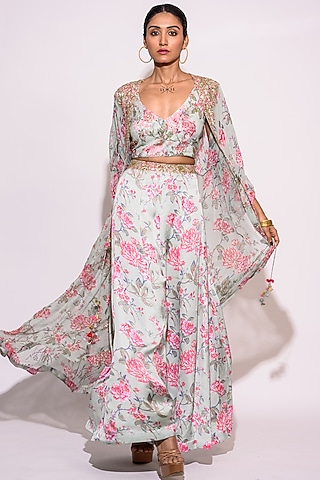 Mint Silk & Chiffon Kaftan Set by Aangan by Parul