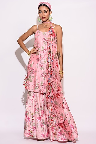 Pink Silk Floral Printed Sharara Set by Aangan by Parul