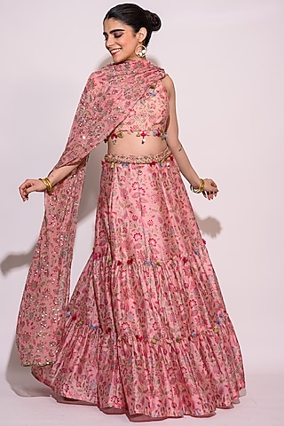 Pink Silk Floral Printed & Embroidered Lehenga Set by Aangan by Parul