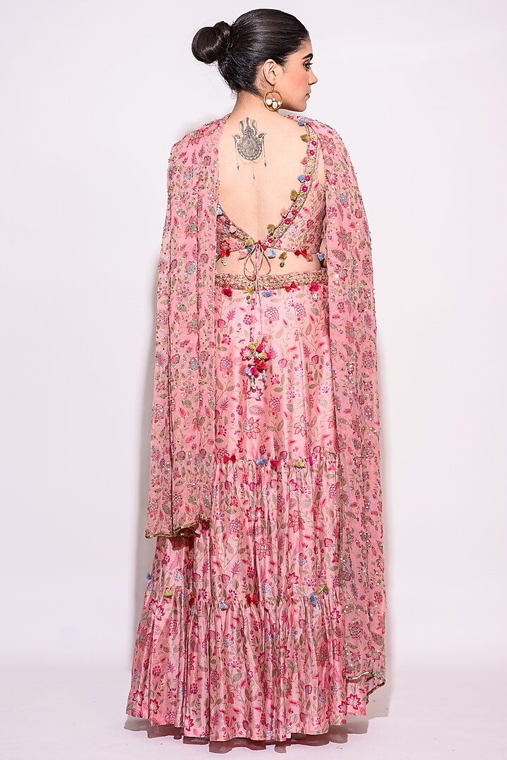 Pink Silk Floral Printed & Embroidered Wedding Lehenga Set by Aangan by Parul at Pernia's Pop Up Shop