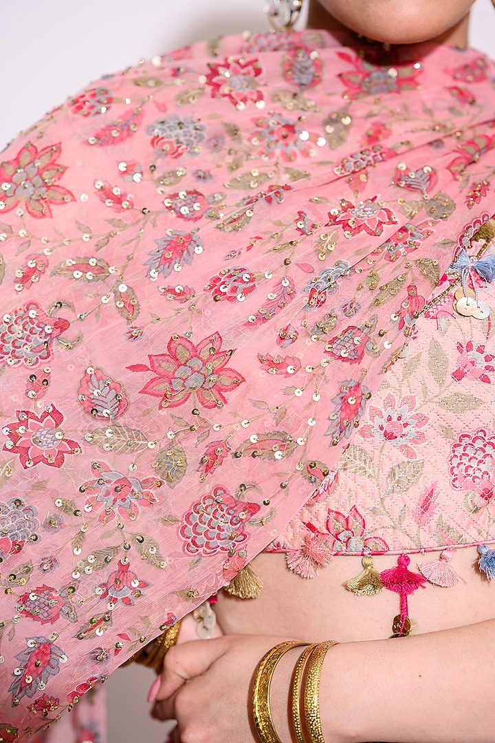 Pink Silk Floral Printed & Embroidered Wedding Lehenga Set by Aangan by Parul at Pernia's Pop Up Shop