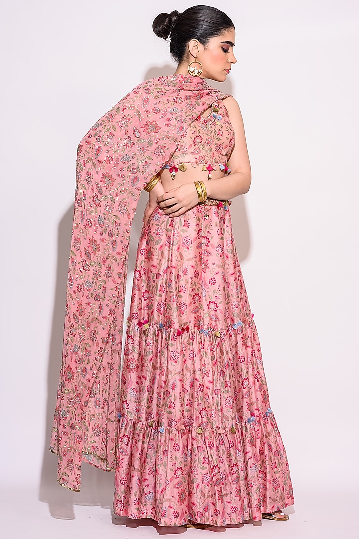 Pink Silk Floral Printed & Embroidered Wedding Lehenga Set by Aangan by Parul at Pernia's Pop Up Shop