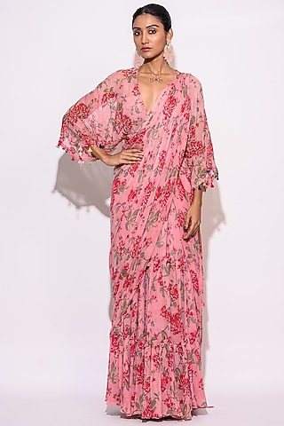 Pink Chiffon Pre-Draped Saree Set by Aangan by Parul