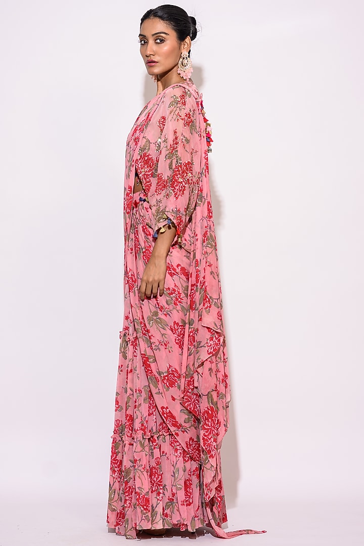 Pink Chiffon Pre-Draped Wedding Saree Set by Aangan by Parul at Pernia's Pop Up Shop