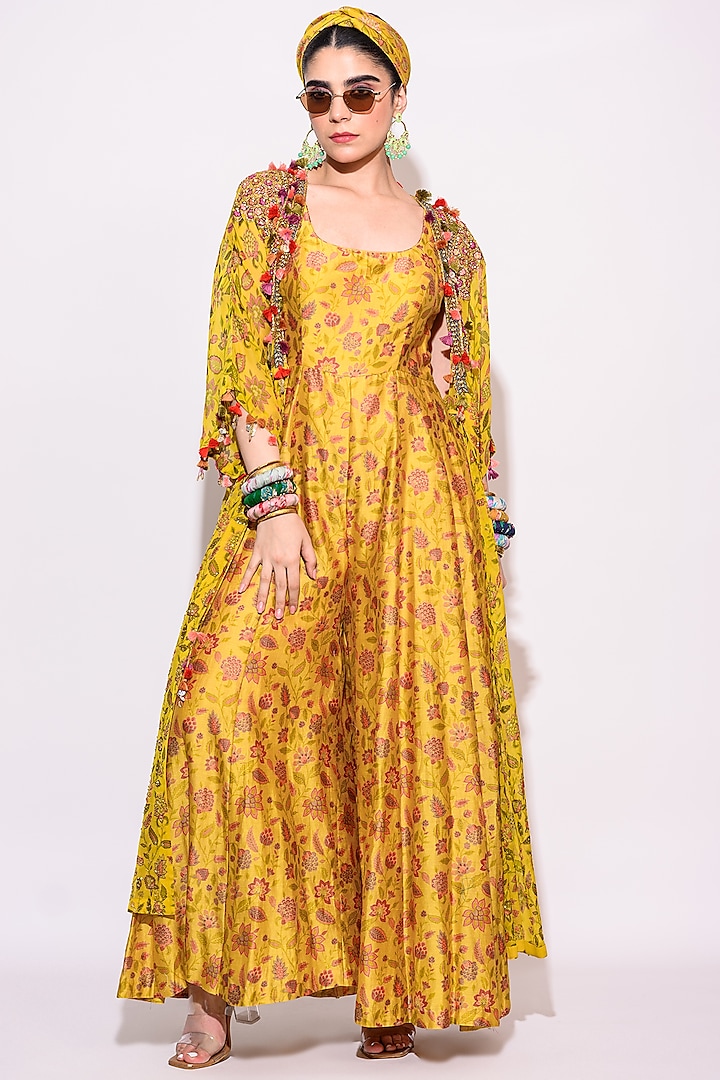 Mustard Silk Floral Printed Jumpsuit With Shrug by Aangan by Parul