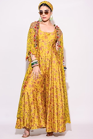 Mustard Silk Floral Printed Jumpsuit With Shrug by Aangan by Parul