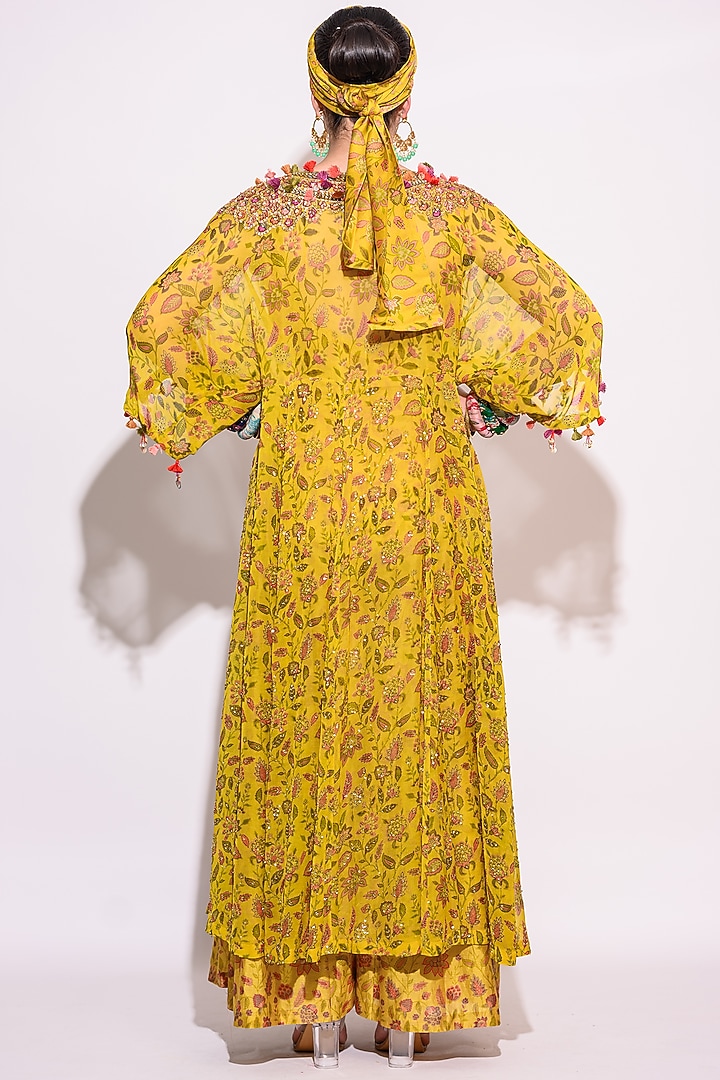 Mustard Silk Floral Printed Jumpsuit With Shrug by Aangan by Parul at Pernia's Pop Up Shop