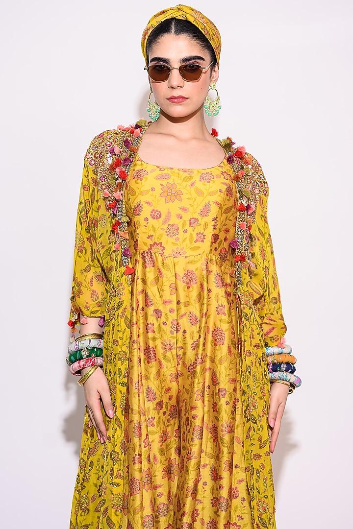 Mustard Silk Floral Printed Jumpsuit With Shrug by Aangan by Parul at Pernia's Pop Up Shop