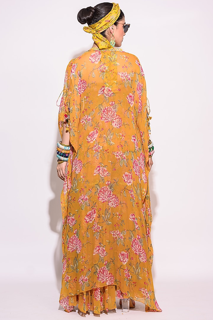 Mustard Chiffon Floral Printed Jumpsuit With Shrug by Aangan by Parul at Pernia's Pop Up Shop