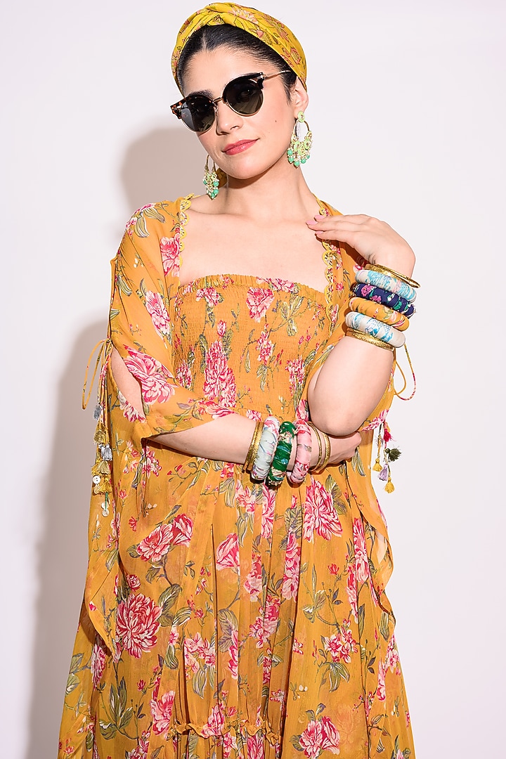 Mustard Chiffon Floral Printed Jumpsuit With Shrug by Aangan by Parul at Pernia's Pop Up Shop