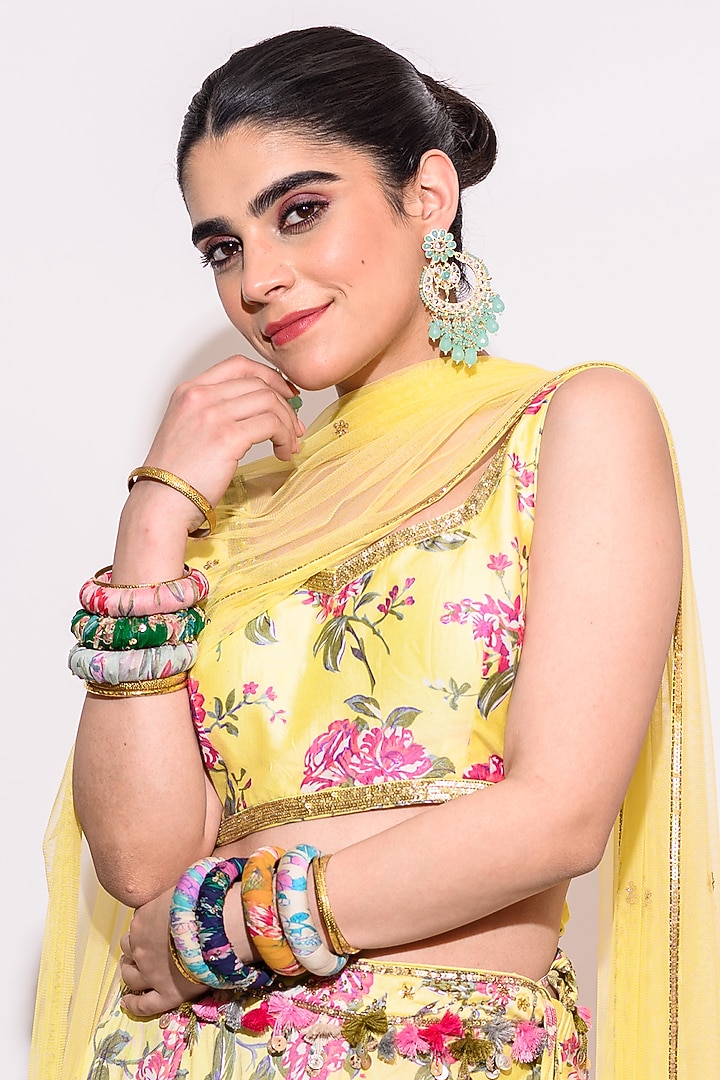Pink Silk Floral Printed & Embroidered Wedding Lehenga Set by Aangan by Parul at Pernia's Pop Up Shop