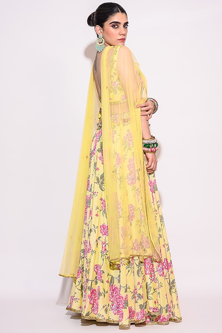 Pink Silk Floral Printed & Embroidered Wedding Lehenga Set by Aangan by Parul at Pernia's Pop Up Shop