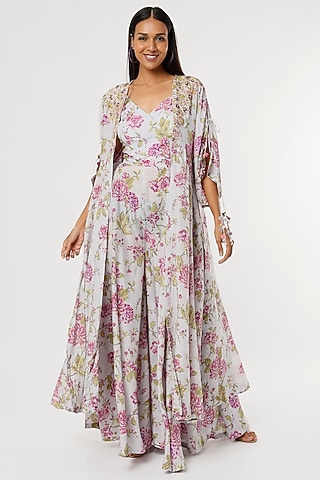 Grey & Pink Printed Jumpsuit With Kaftan by Aangan by Parul