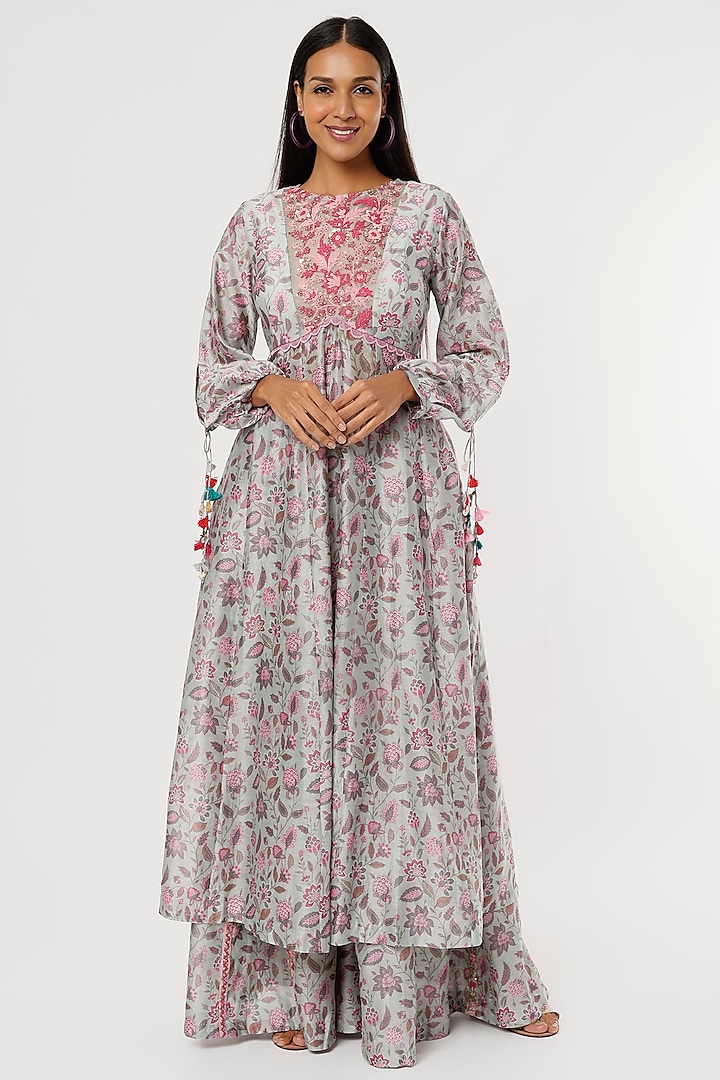 Grey & Pink Printed Anarkali Set by Aangan by Parul