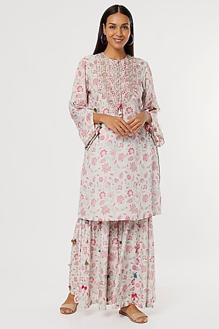Grey & Pink Printed Kurta Set by Aangan by Parul