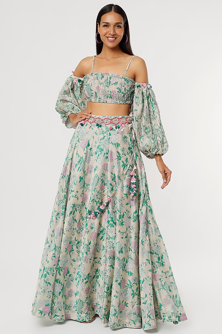 Grey & Green Printed Lehenga Set by Aangan by Parul