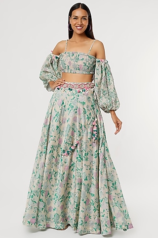 Grey & Green Printed Lehenga Set by Aangan by Parul