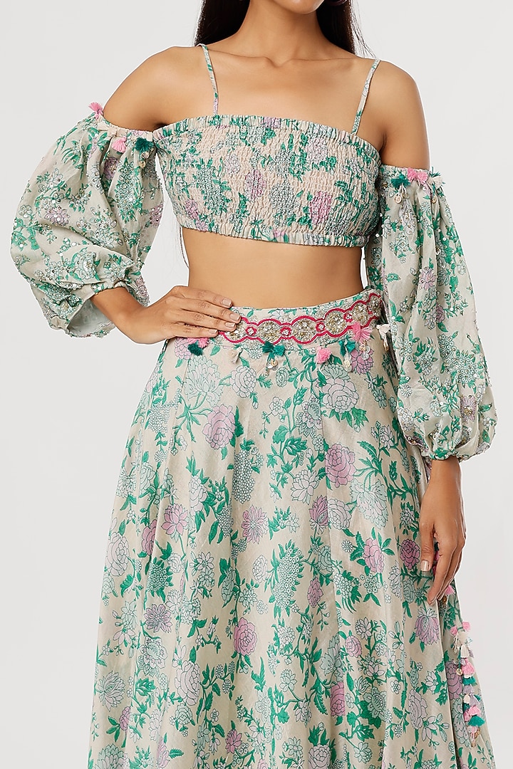 Grey & Green Printed Lehenga Set by Aangan by Parul at Pernia's Pop Up Shop
