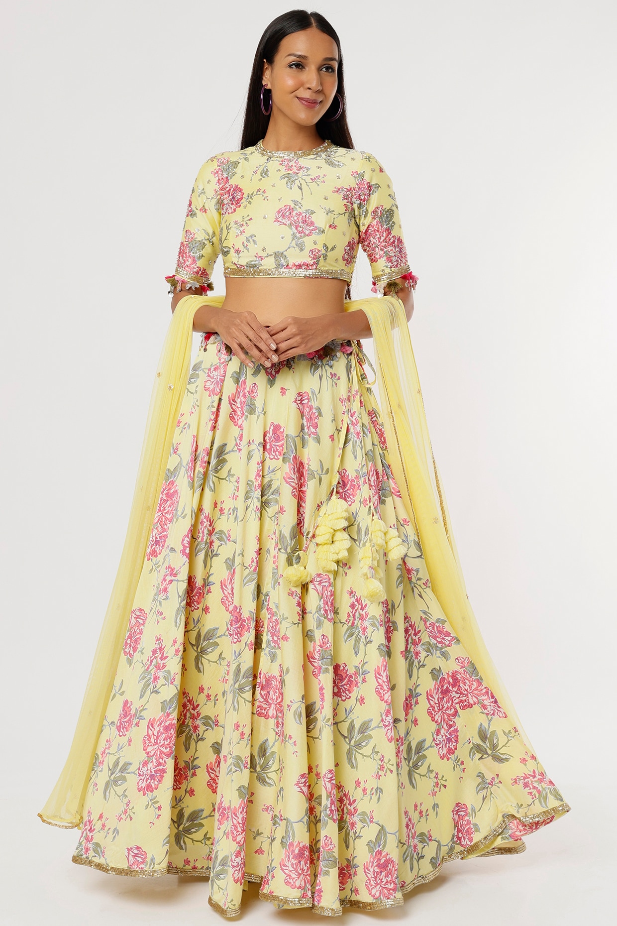 Buy Hot pink and yellow banglori silk chaniya choli Online-dmv10071