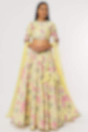 Yellow & Pink Printed Lehenga Set by Aangan by Parul