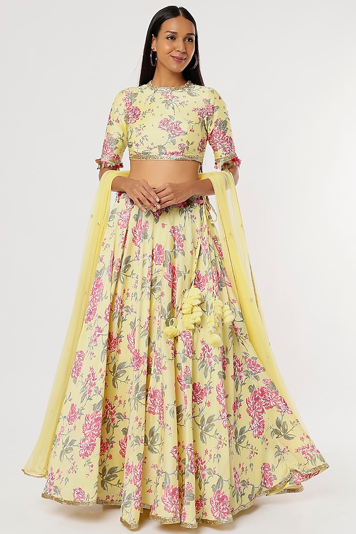 Yellow & Pink Printed Lehenga Set by Aangan by Parul