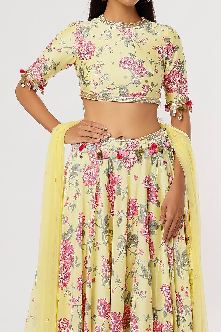 Yellow & Pink Printed Wedding Lehenga Set by Aangan by Parul at Pernia's Pop Up Shop