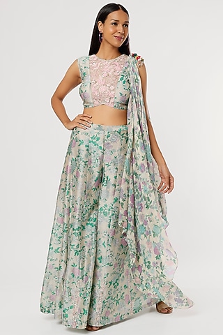 Grey & Green Printed Sharara Set by Aangan by Parul