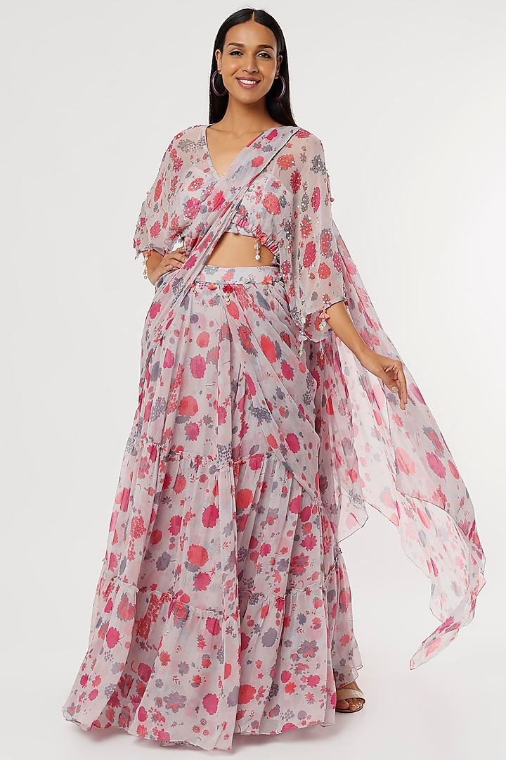 Grey & Pink Modal & Chiffon Printed Draped Saree Set by Aangan by Parul at Pernia's Pop Up Shop