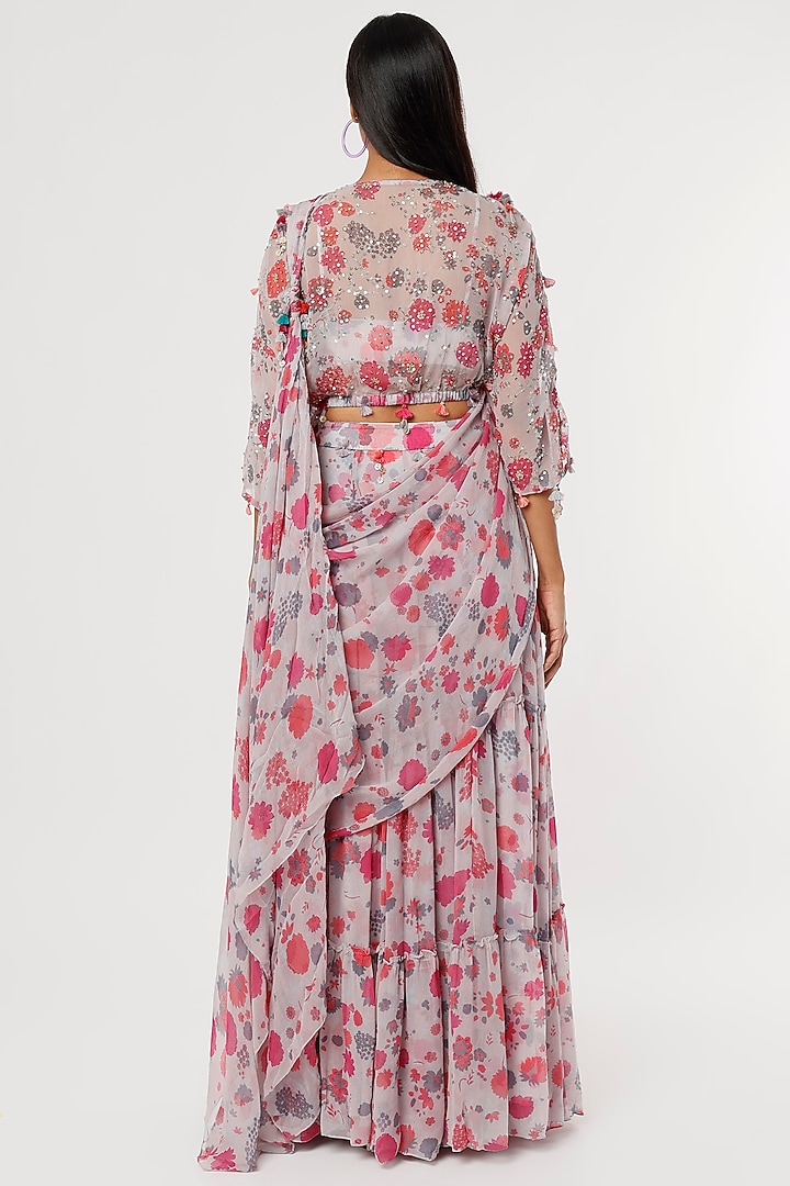 Grey & Pink Modal & Chiffon Printed Draped Wedding Saree Set by Aangan by Parul at Pernia's Pop Up Shop