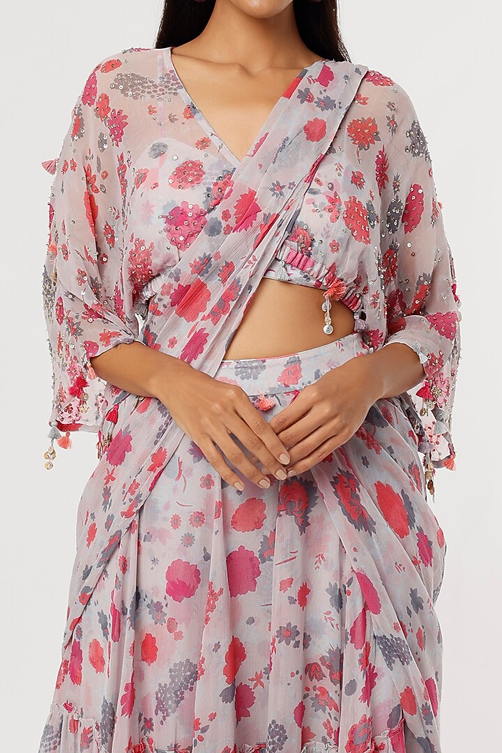 Grey & Pink Modal & Chiffon Printed Draped Wedding Saree Set by Aangan by Parul at Pernia's Pop Up Shop