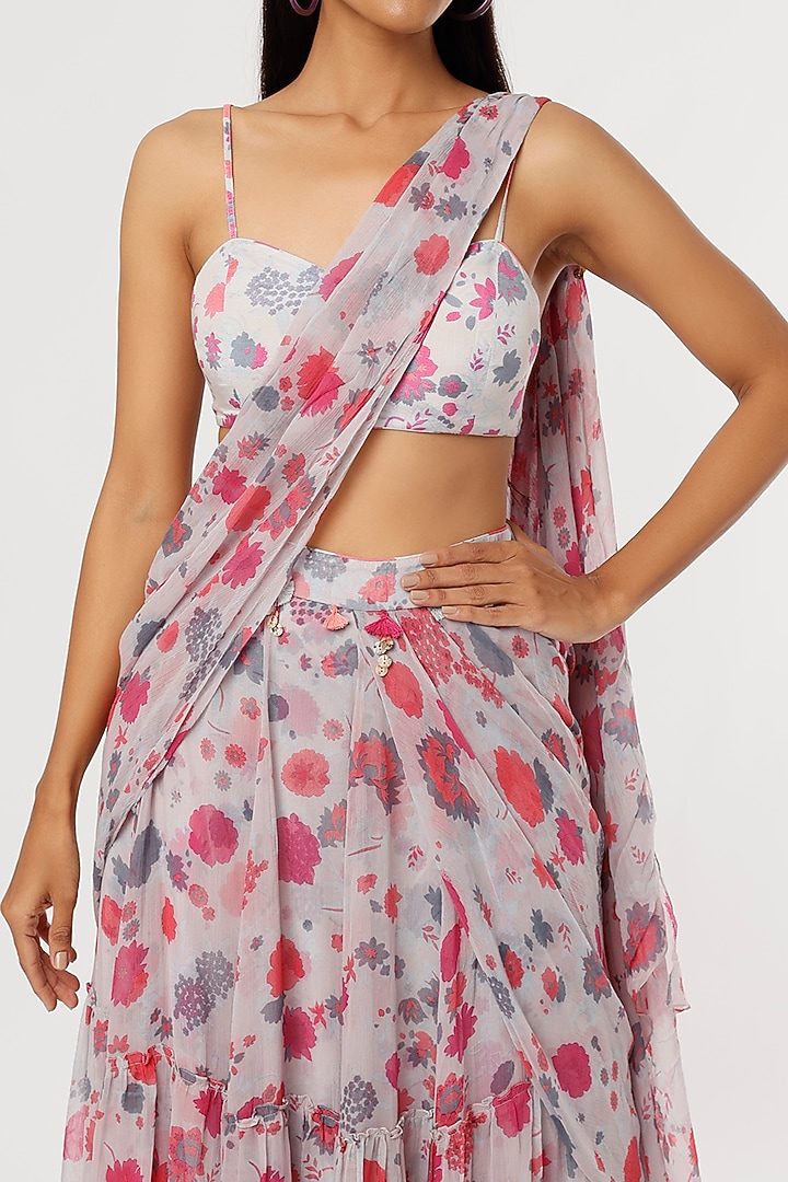 Grey & Pink Modal & Chiffon Printed Draped Wedding Saree Set by Aangan by Parul at Pernia's Pop Up Shop
