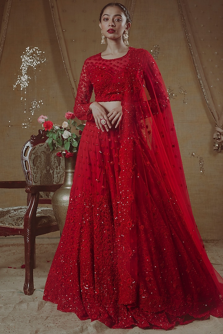 Red Embroidered Wedding Lehenga Set by Aangan by Parul at Pernia's Pop Up Shop