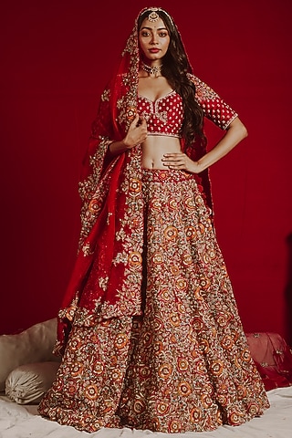 Red Raw Silk Embroidered Lehenga Set by Aangan by Parul